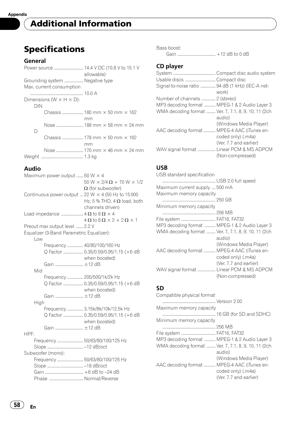Specifications, Additional information, General | Audio, Cd player | Pioneer DEH-P3100UB User Manual | Page 58 / 127