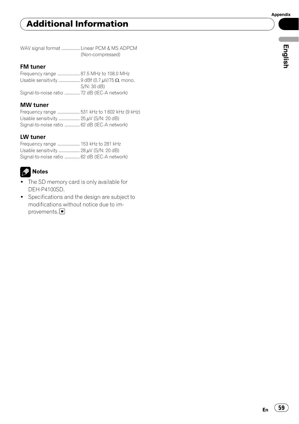 Additional information, English | Pioneer DEH-P3100UB User Manual | Page 59 / 127
