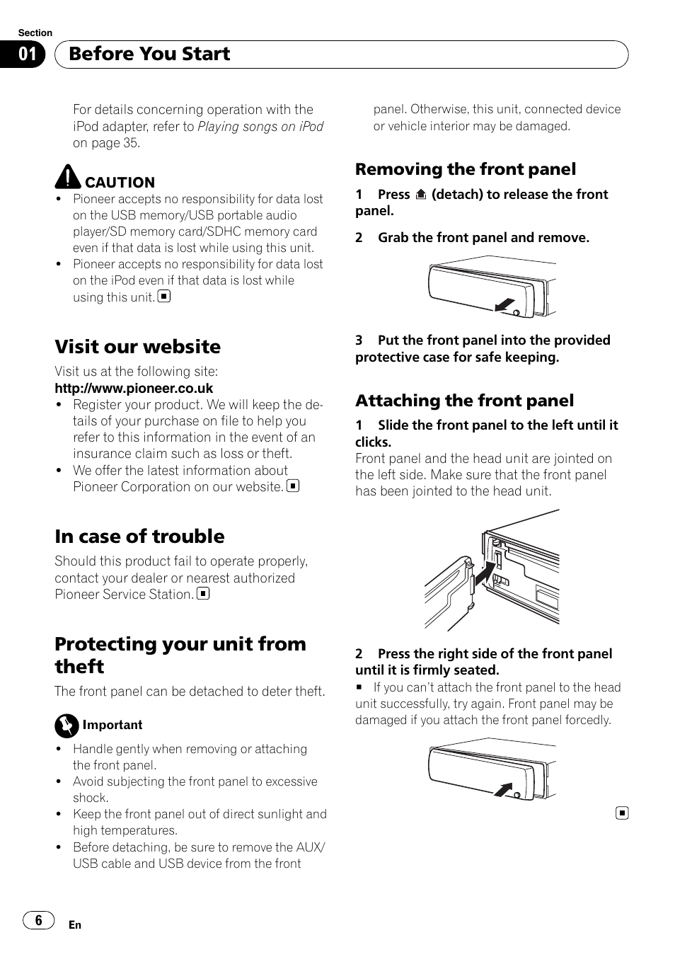 Visit our website, In case of trouble, Protecting your unit from theft | Removing the front panel 6, Attaching the front panel 6, Before you start, Removing the front panel, Attaching the front panel | Pioneer DEH-P3100UB User Manual | Page 6 / 127