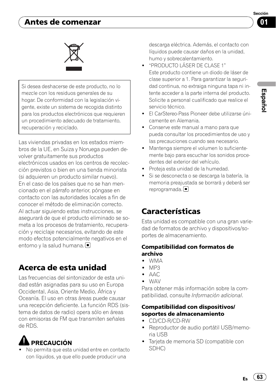 Antes de comenzar, Acerca de esta unidad, Características | Pioneer DEH-P3100UB User Manual | Page 63 / 127