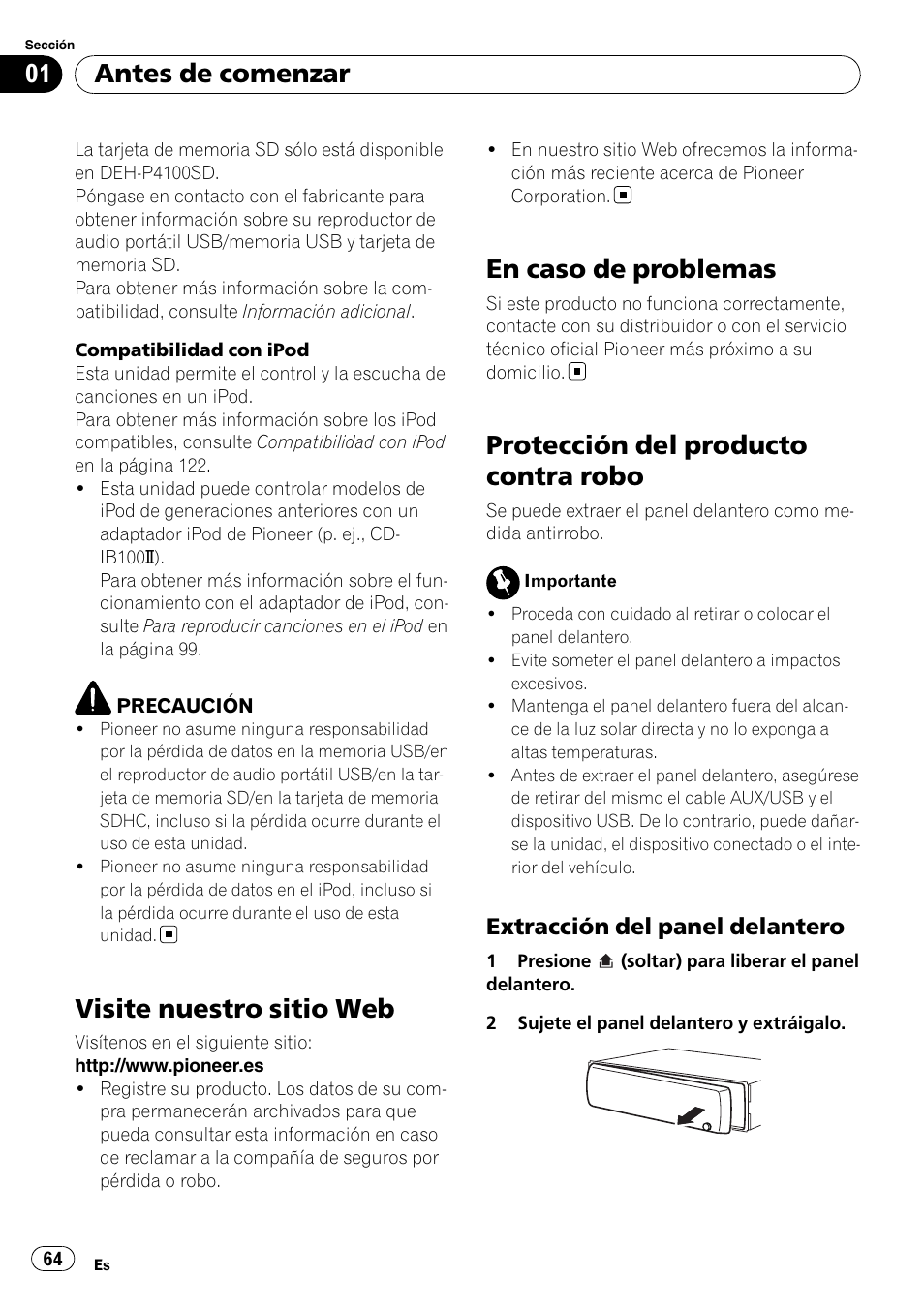 Visite nuestro sitio web, En caso de problemas, Protección del producto contra robo | Extracción del panel delantero 64, Antes de comenzar | Pioneer DEH-P3100UB User Manual | Page 64 / 127
