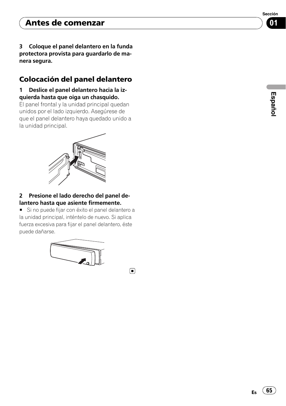 Colocación del panel delantero 65, Antes de comenzar | Pioneer DEH-P3100UB User Manual | Page 65 / 127