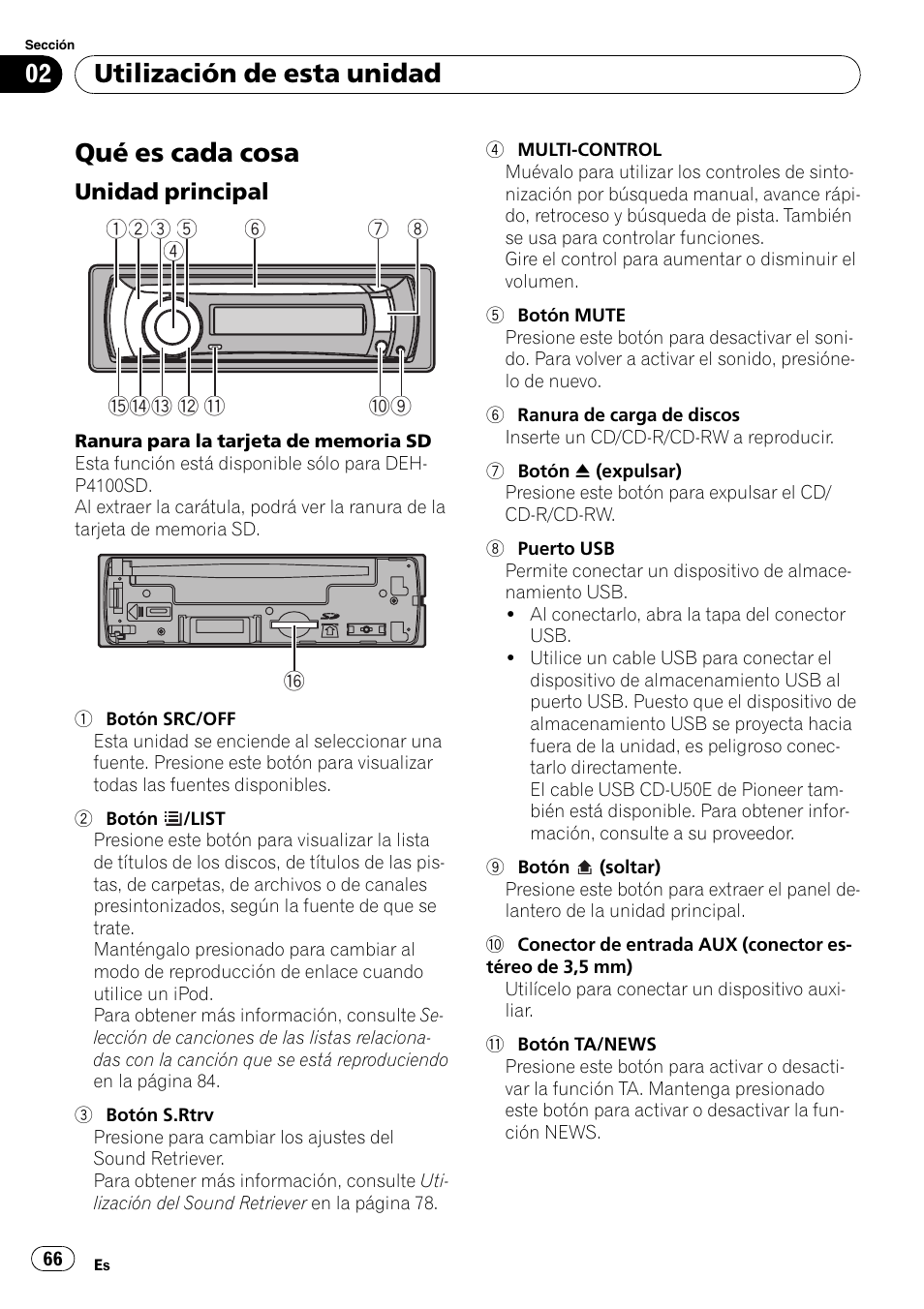 Utilización de esta unidad qué es cada cosa, Unidad principal 66, Qué es cada cosa | Utilización de esta unidad | Pioneer DEH-P3100UB User Manual | Page 66 / 127