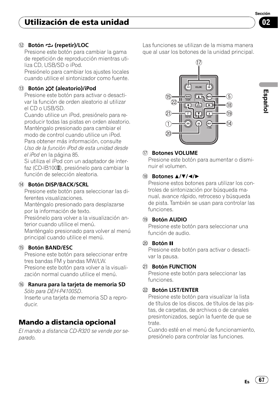 Mando a distancia opcional 67, Utilización de esta unidad, Mando a distancia opcional | Pioneer DEH-P3100UB User Manual | Page 67 / 127