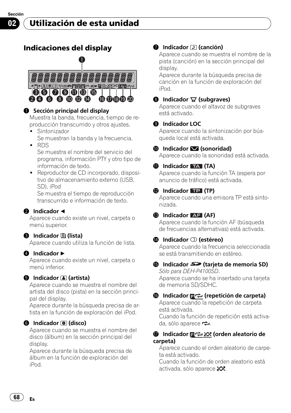 Indicaciones del display 68, Utilización de esta unidad, Indicaciones del display | Pioneer DEH-P3100UB User Manual | Page 68 / 127