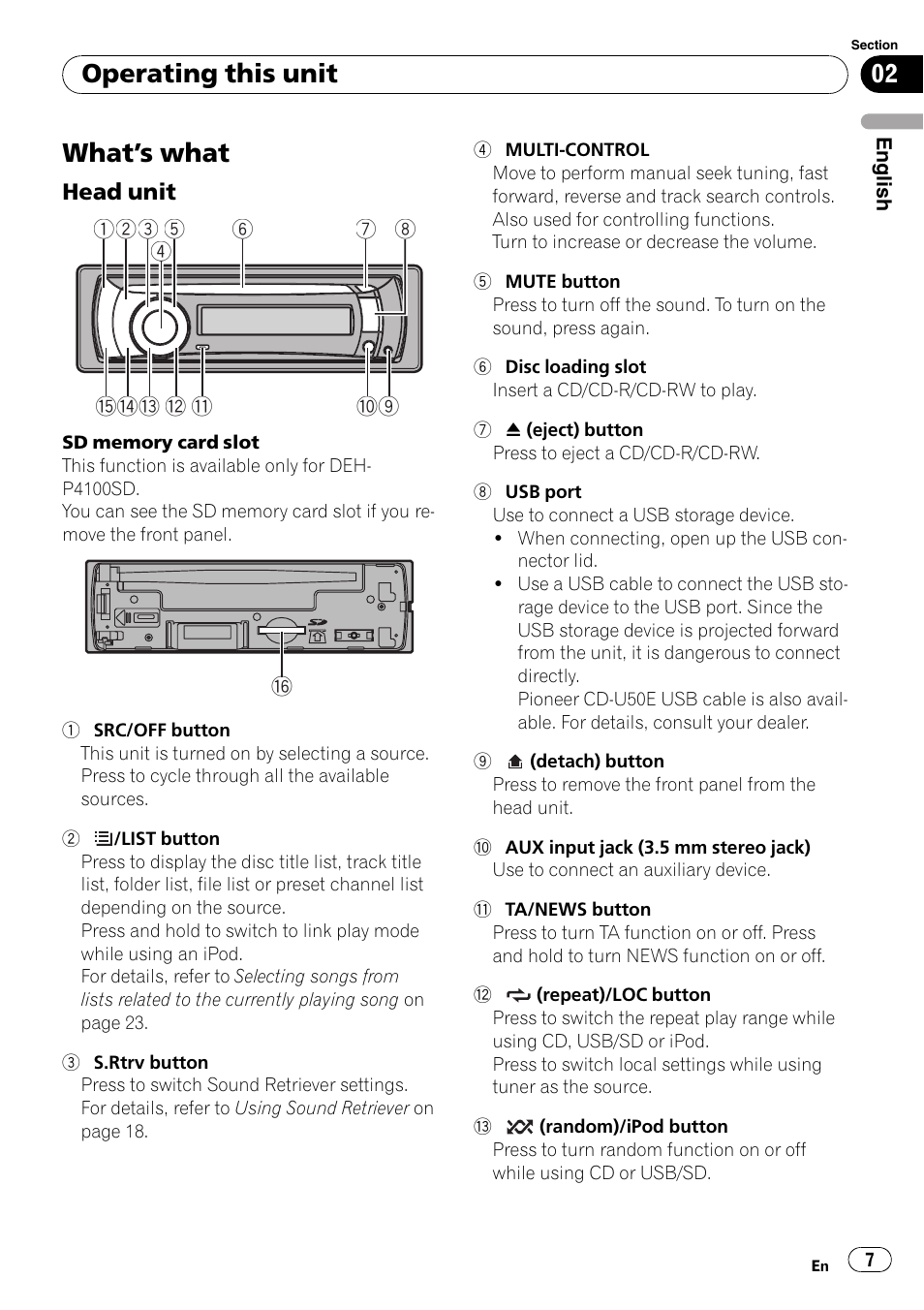 Operating this unit what, S what 7, Head unit 7 | What ’s what, Operating this unit | Pioneer DEH-P3100UB User Manual | Page 7 / 127