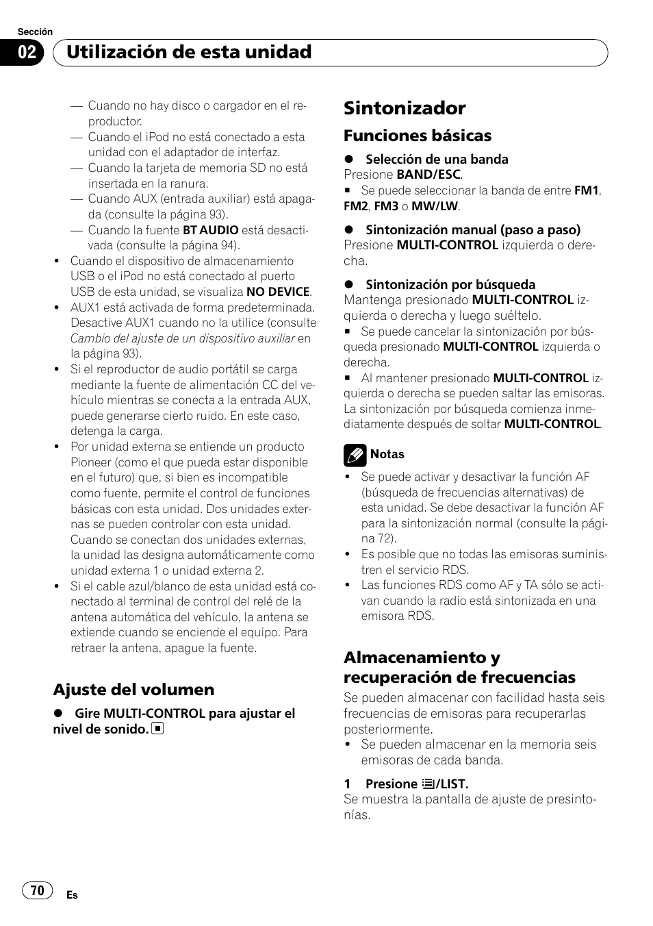 Ajuste del volumen 70, Sintonizador, Funciones básicas 70 | Almacenamiento y recuperación de, Frecuencias, Utilización de esta unidad, Ajuste del volumen, Funciones básicas, Almacenamiento y recuperación de frecuencias | Pioneer DEH-P3100UB User Manual | Page 70 / 127