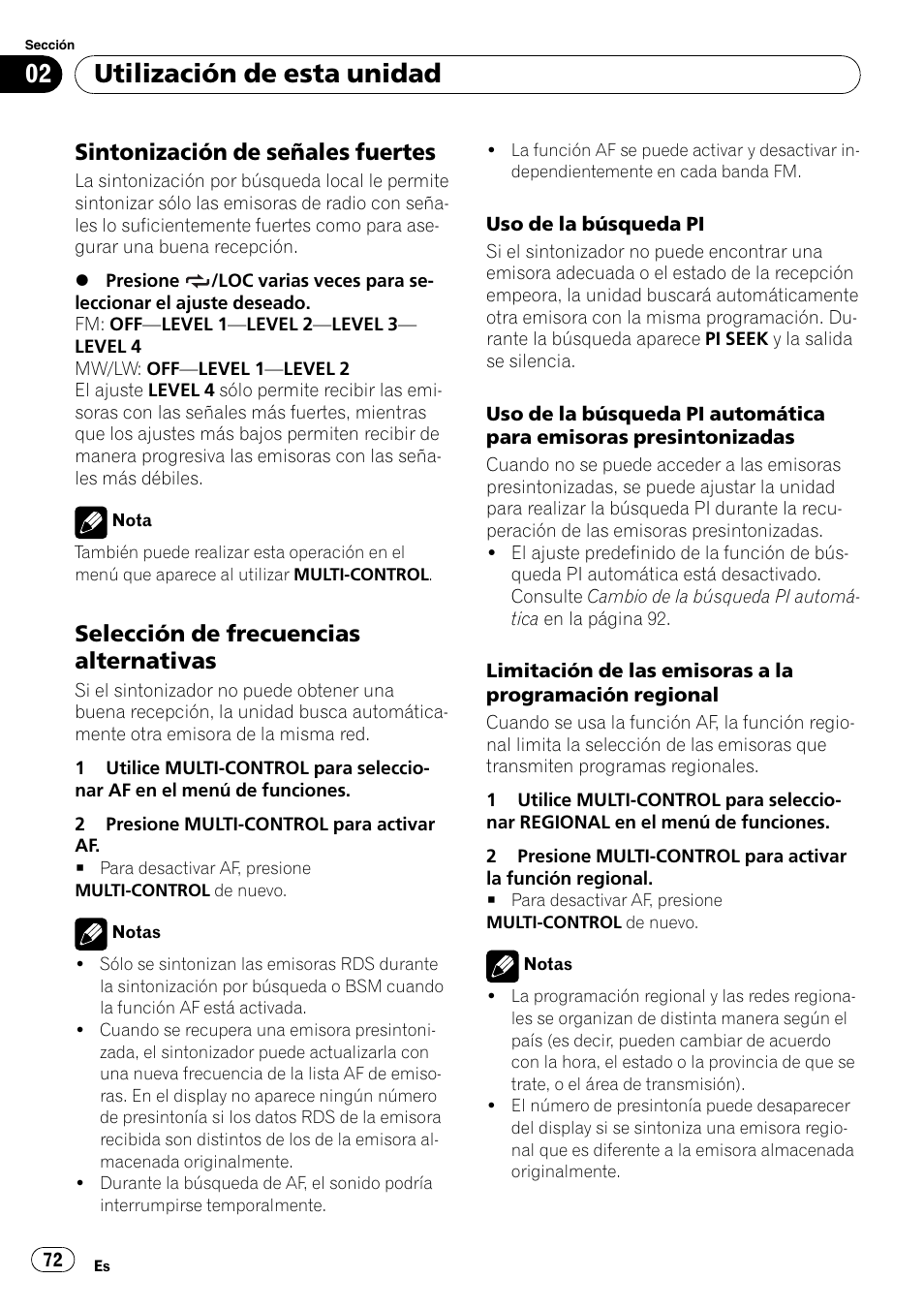 Sintonización de señales fuertes 72, Selección de frecuencias, Alternativas | La pági- na 72), Utilización de esta unidad, Sintonización de señales fuertes, Selección de frecuencias alternativas | Pioneer DEH-P3100UB User Manual | Page 72 / 127