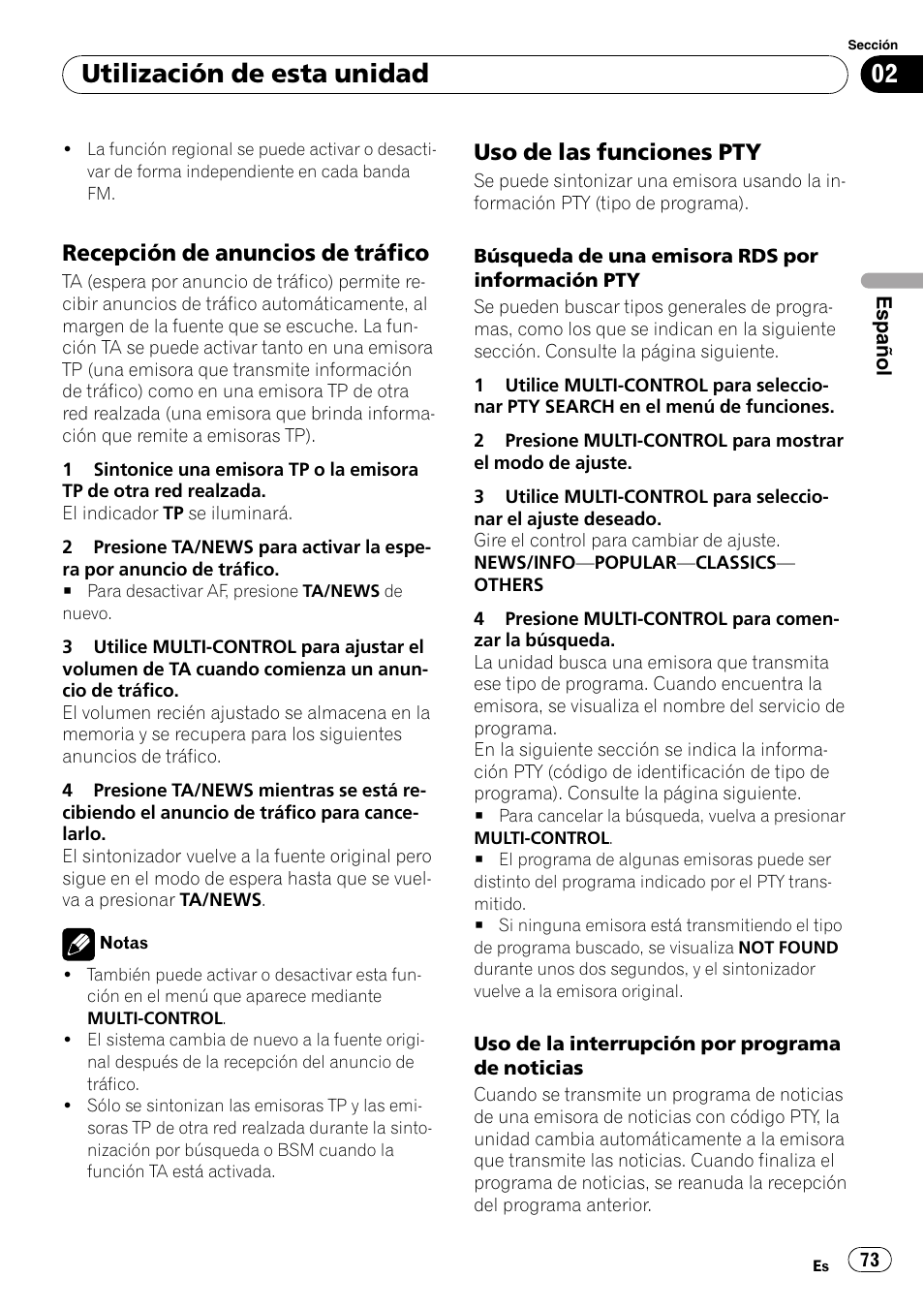 Recepción de anuncios de tráfico 73, Uso de las funciones pty 73, Utilización de esta unidad | Recepción de anuncios de tráfico, Uso de las funciones pty | Pioneer DEH-P3100UB User Manual | Page 73 / 127