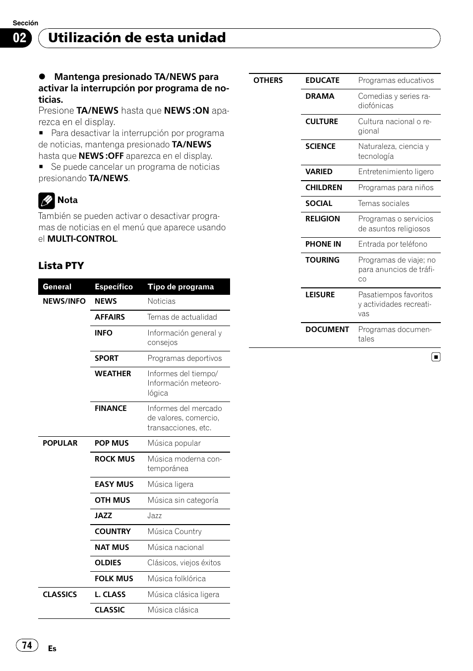Utilización de esta unidad, Lista pty | Pioneer DEH-P3100UB User Manual | Page 74 / 127