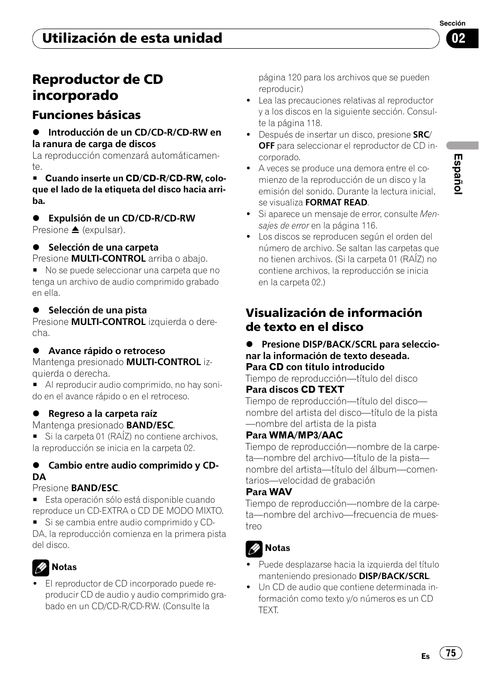 Reproductor de cd incorporado, Funciones básicas 75, Visualización de información de texto | En el disco, Utilización de esta unidad, Funciones básicas, Visualización de información de texto en el disco | Pioneer DEH-P3100UB User Manual | Page 75 / 127