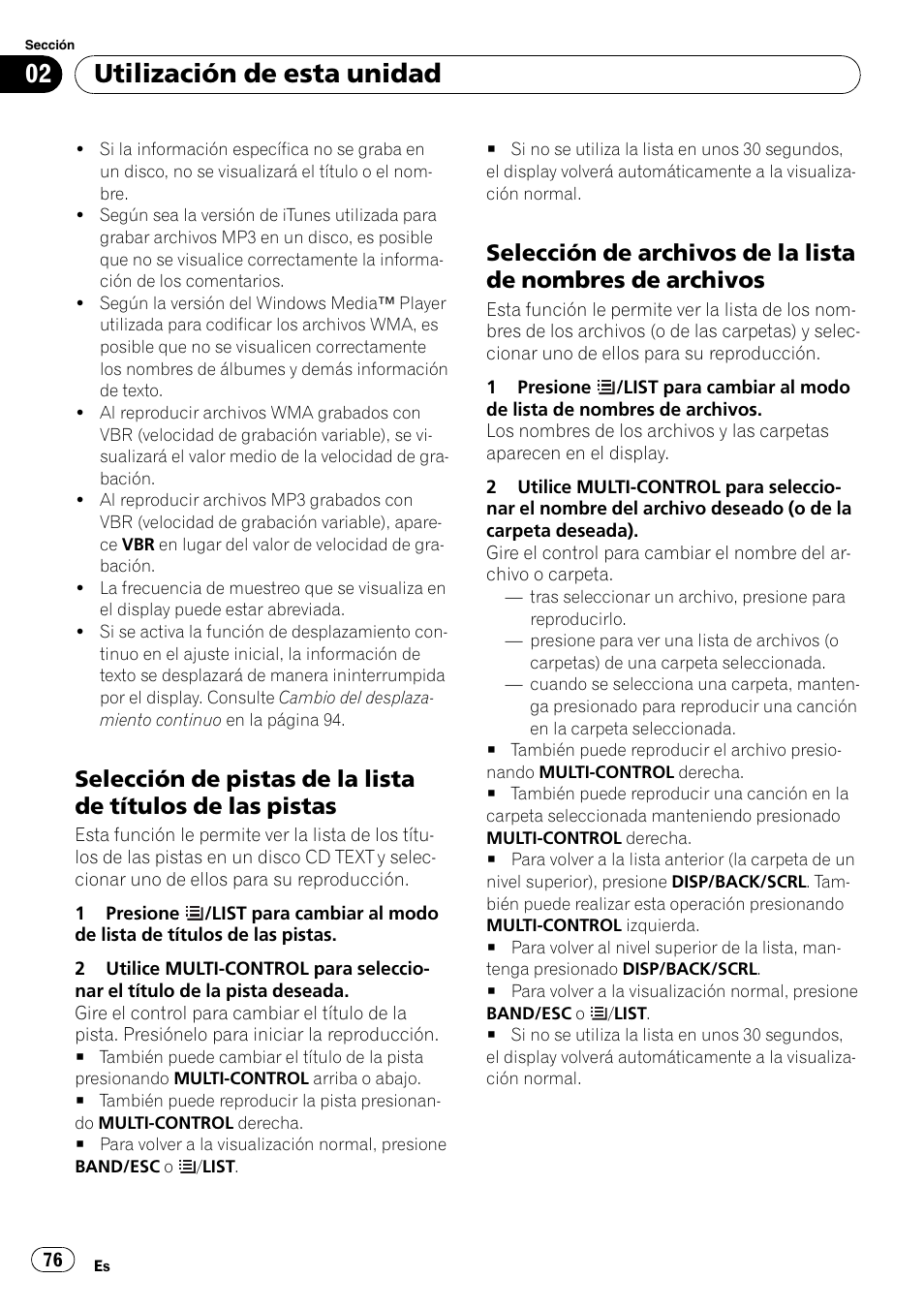 Selección de pistas de la lista de títulos, De las pistas, Selección de archivos de la lista de | Nombres de archivos, Utilización de esta unidad | Pioneer DEH-P3100UB User Manual | Page 76 / 127