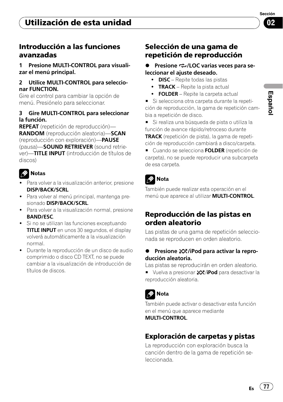 Introducción a las funciones, Avanzadas, Selección de una gama de repetición | De reproducción, Reproducción de las pistas en orden, Aleatorio, Exploración de carpetas y pistas 77, Utilización de esta unidad, Introducción a las funciones avanzadas, Reproducción de las pistas en orden aleatorio | Pioneer DEH-P3100UB User Manual | Page 77 / 127