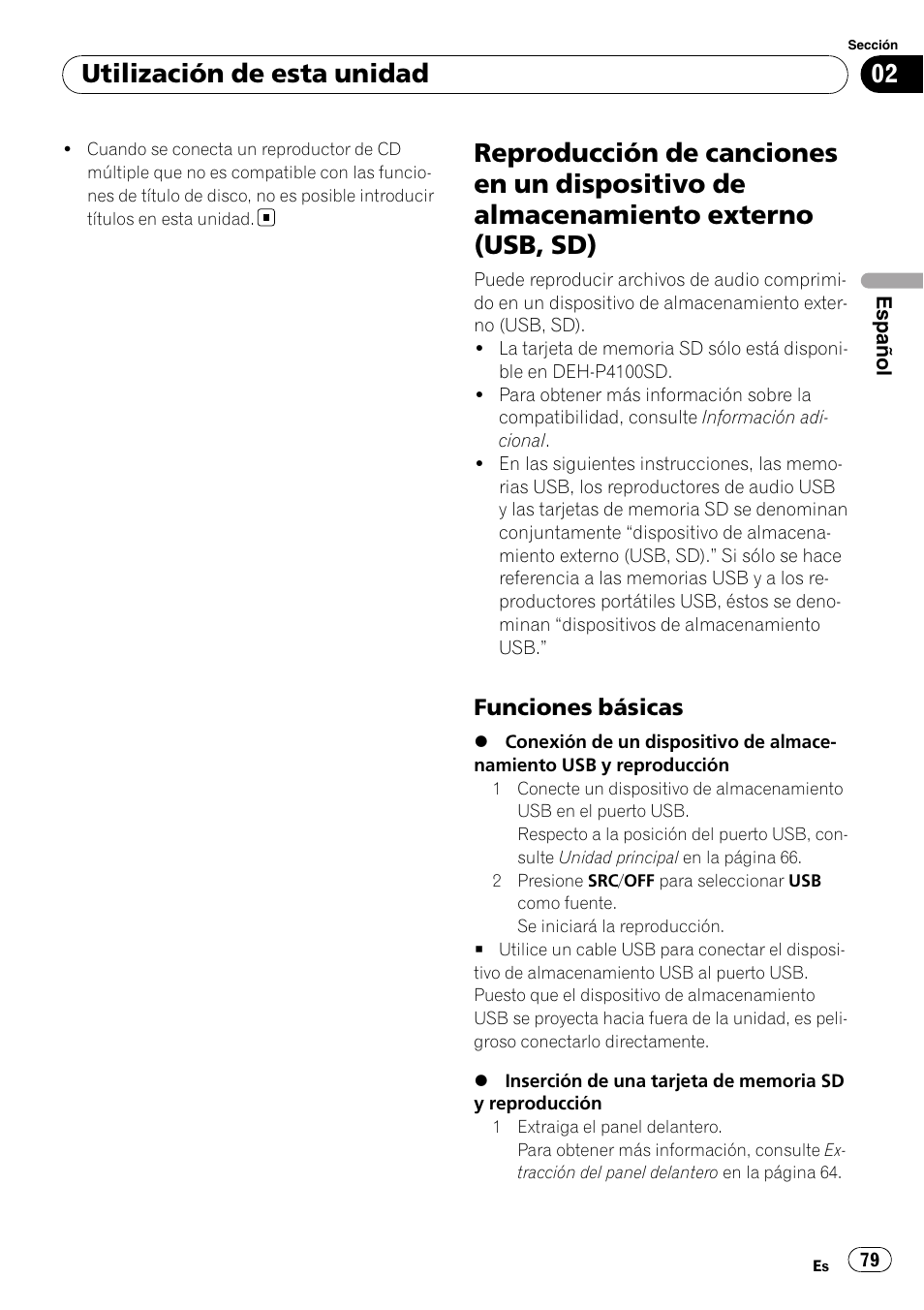 Reproducción de canciones en un, Dispositivo de almacenamiento externo (usb, sd), Funciones básicas 79 | Utilización de esta unidad, Funciones básicas | Pioneer DEH-P3100UB User Manual | Page 79 / 127