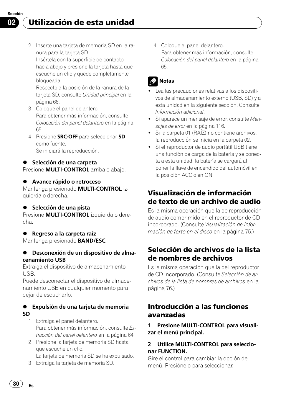 Visualización de información de texto, De un archivo de audio, Selección de archivos de la lista de | Nombres de archivos, Introducción a las funciones, Avanzadas, Utilización de esta unidad, Introducción a las funciones avanzadas | Pioneer DEH-P3100UB User Manual | Page 80 / 127