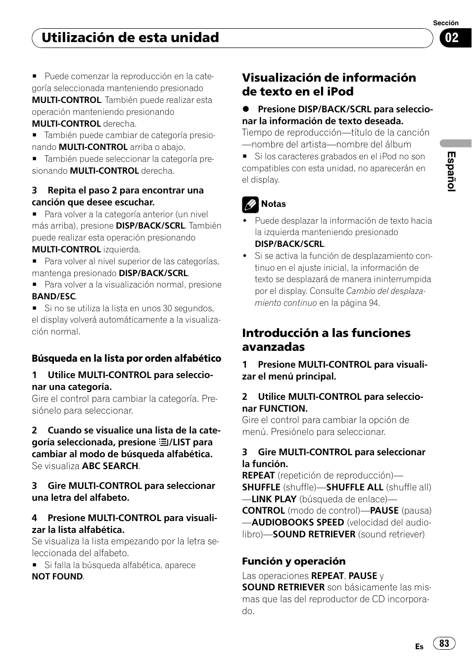 Visualización de información de texto, En el ipod, Introducción a las funciones | Avanzadas, Utilización de esta unidad, Visualización de información de texto en el ipod, Introducción a las funciones avanzadas | Pioneer DEH-P3100UB User Manual | Page 83 / 127