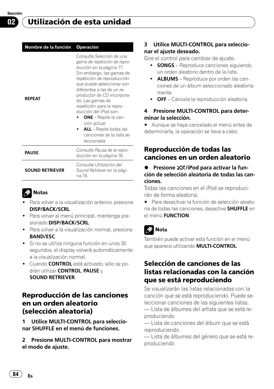 Reproducción de las canciones en un, Orden aleatorio (selección aleatoria), Reproducción de todas las canciones | En un orden aleatorio, Selección de canciones de las listas, Utilización de esta unidad | Pioneer DEH-P3100UB User Manual | Page 84 / 127