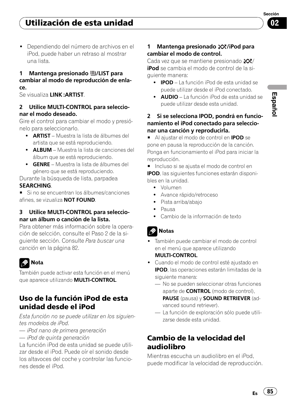 Uso de la función ipod de esta unidad, Desde el ipod, Cambio de la velocidad del | Audiolibro, Utilización de esta unidad, Cambio de la velocidad del audiolibro | Pioneer DEH-P3100UB User Manual | Page 85 / 127