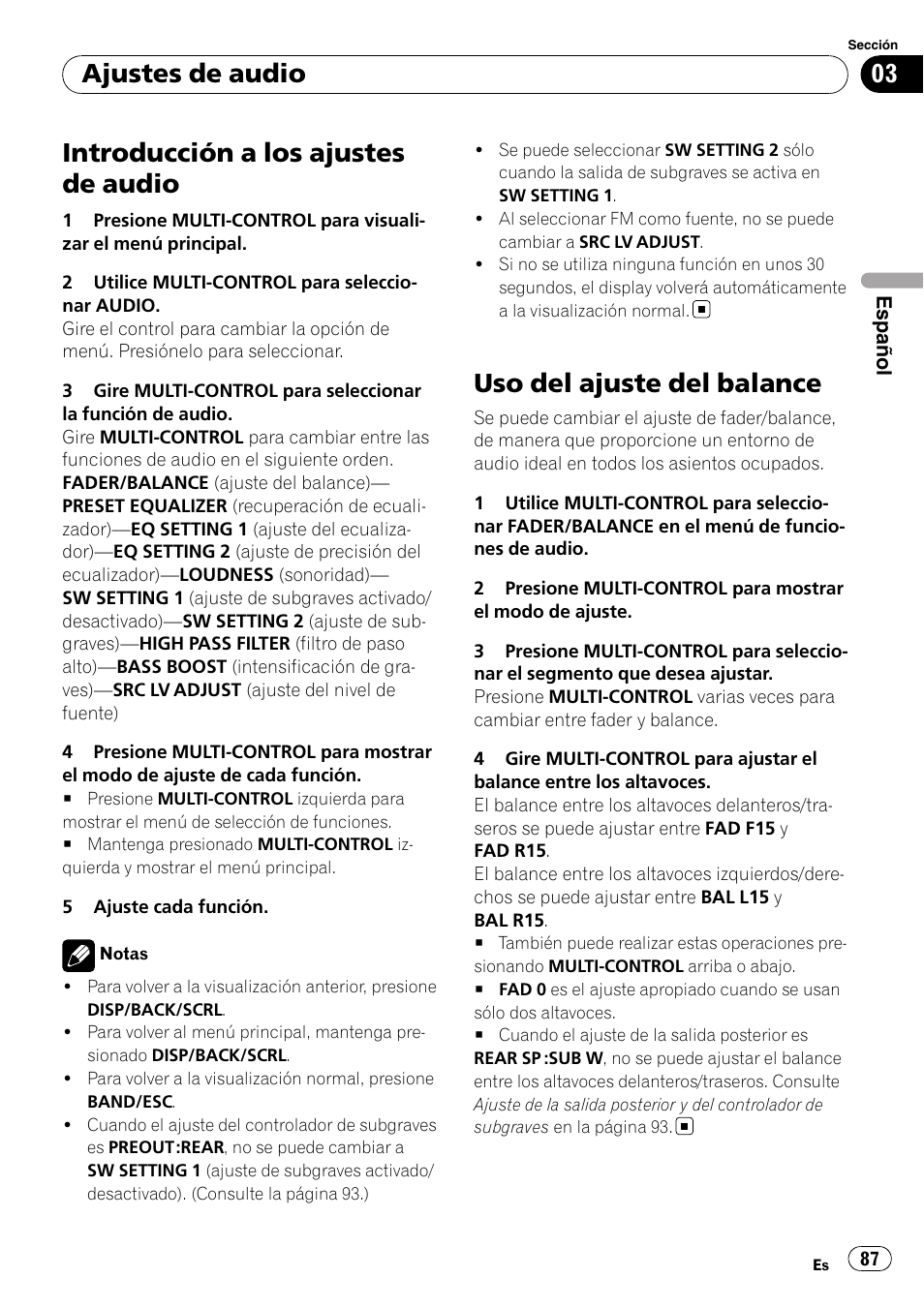 Uso del ajuste del balance, Introducción a los ajustes de audio, Ajustes de audio | Pioneer DEH-P3100UB User Manual | Page 87 / 127