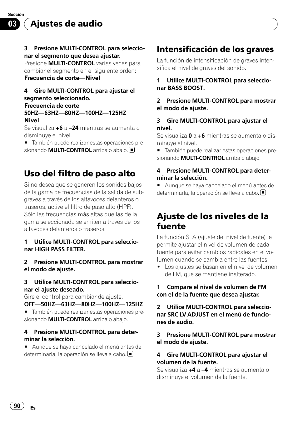 Uso del filtro de paso alto, Intensificación de los graves, Ajuste de los niveles de la fuente | Ajustes de audio | Pioneer DEH-P3100UB User Manual | Page 90 / 127