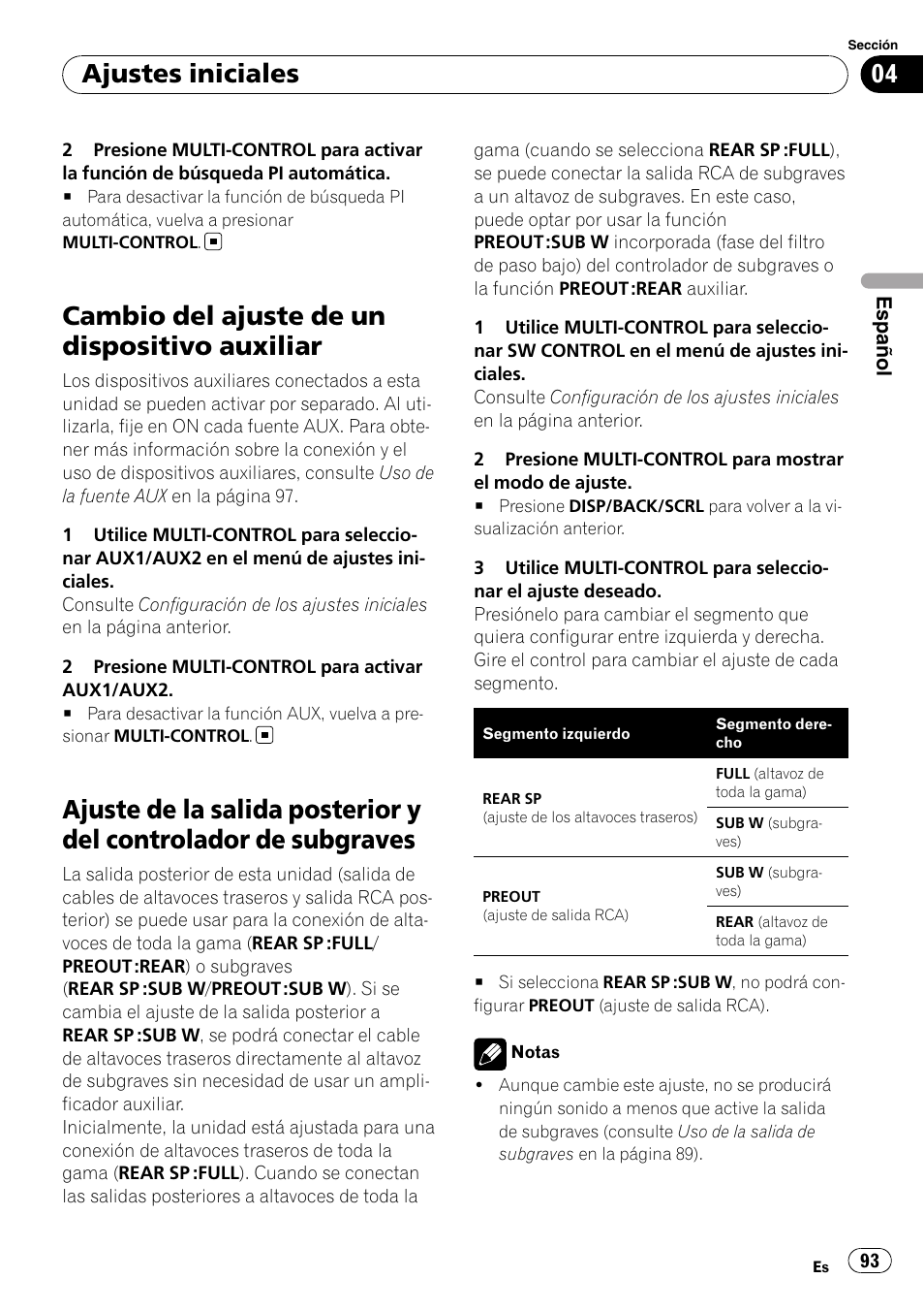 Cambio del ajuste de un dispositivo, Auxiliar, Ajuste de la salida posterior y del controlador | De subgraves, Cambio del ajuste de un dispositivo auxiliar, Ajustes iniciales | Pioneer DEH-P3100UB User Manual | Page 93 / 127