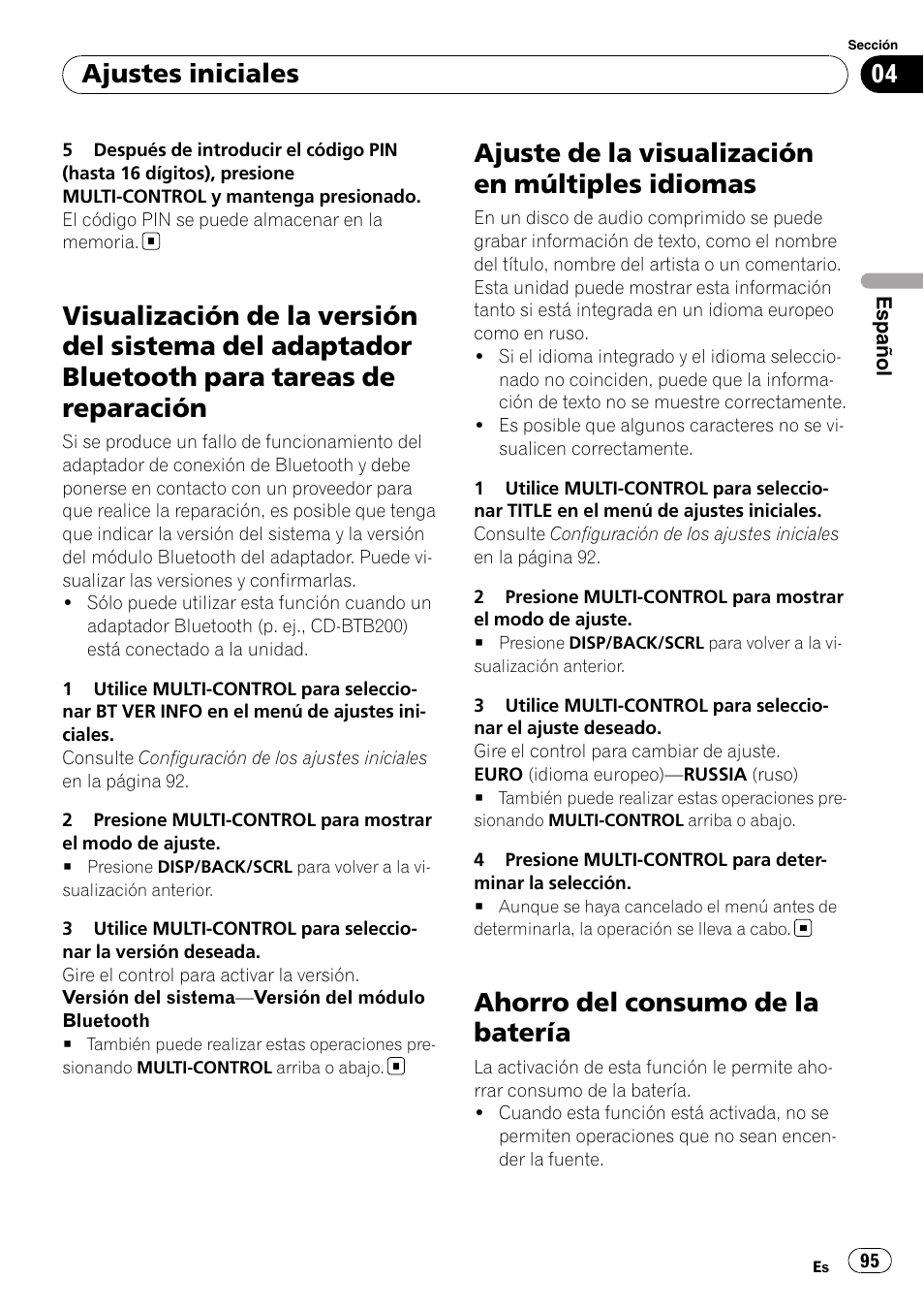 Visualización de la versión del sistema del, Adaptador bluetooth para tareas de reparación, Ajuste de la visualización en múltiples | Idiomas, Ahorro del consumo de la batería, Ajuste de la visualización en múltiples idiomas, Ajustes iniciales | Pioneer DEH-P3100UB User Manual | Page 95 / 127