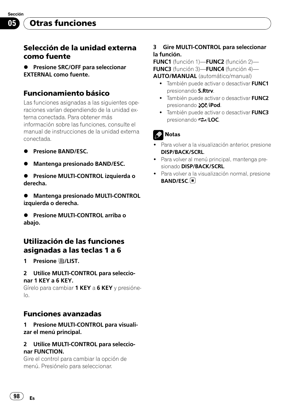 Selección de la unidad externa como, Fuente, Funcionamiento básico 98 | Utilización de las funciones asignadas, A las teclas 1 a 6, Funciones avanzadas 98, Otras funciones, Selección de la unidad externa como fuente, Funcionamiento básico, Funciones avanzadas | Pioneer DEH-P3100UB User Manual | Page 98 / 127