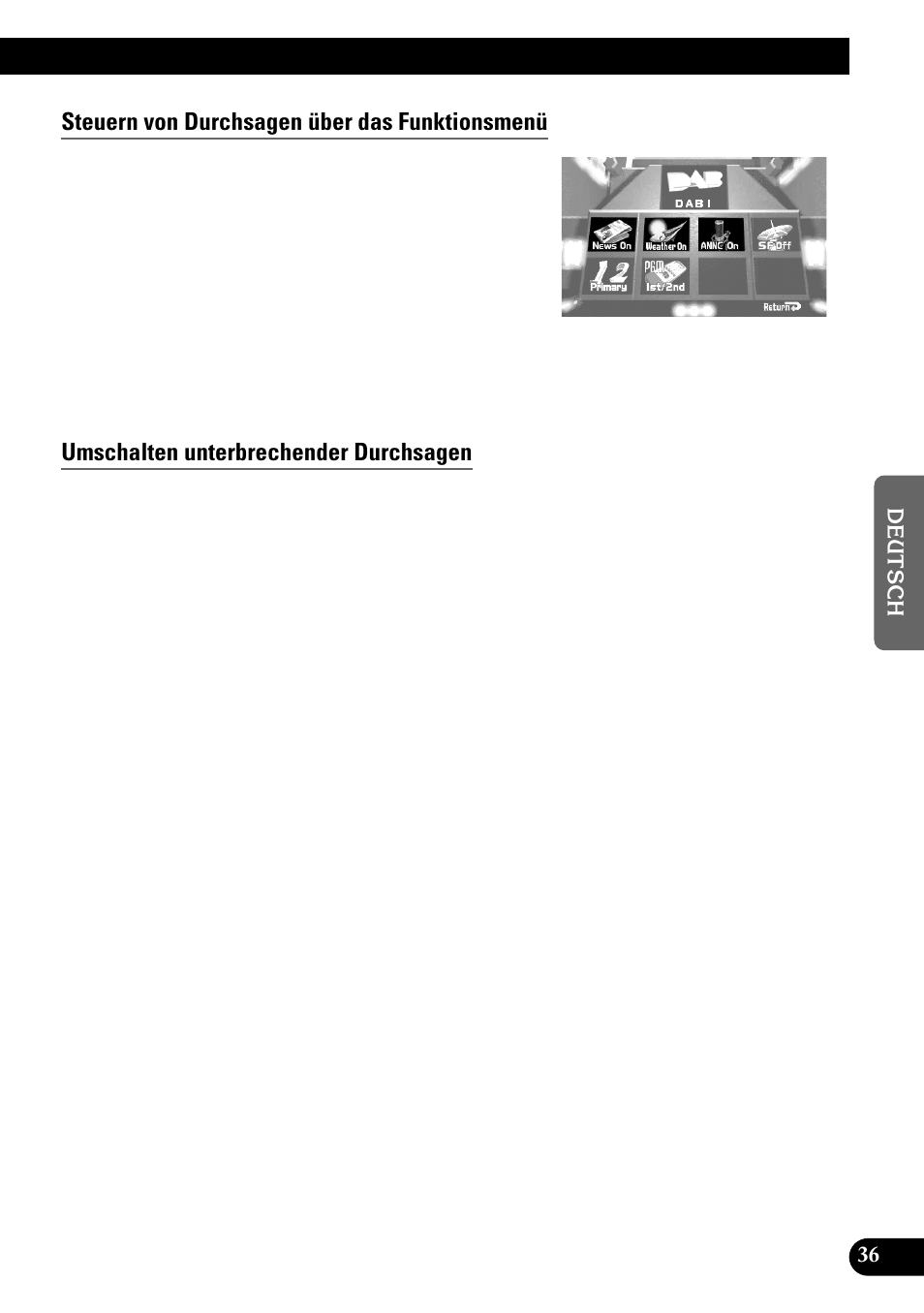 Steuern von durchsagen über das funktionsmenü, Umschalten unterbrechender durchsagen | Pioneer GEX-P700DAB User Manual | Page 117 / 124