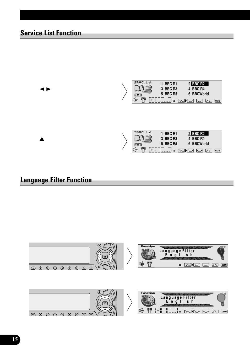 Service list function language filter function, Using the dab functions with deh-p9100r, Service list function | Language filter function | Pioneer GEX-P700DAB User Manual | Page 16 / 124