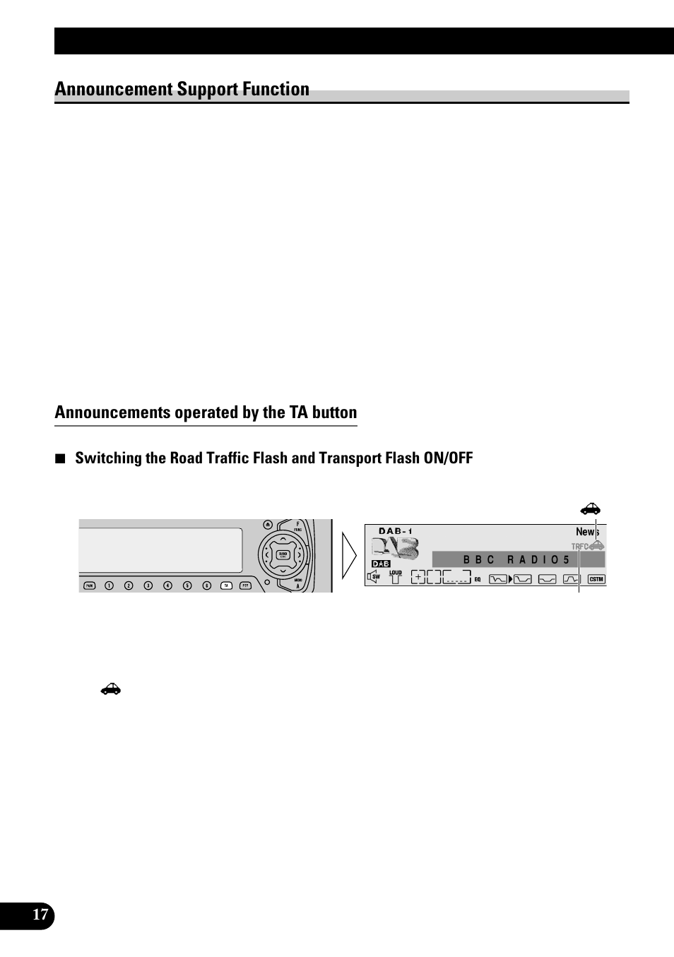 Announcement support function, Using the dab functions with deh-p9100r, Announcements operated by the ta button | Pioneer GEX-P700DAB User Manual | Page 18 / 124