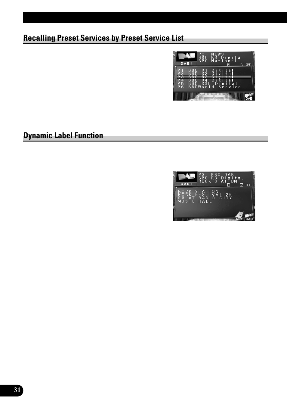 Recalling preset services, By preset service list, Dynamic label function | Basic operation with avm-p9000r, Recalling preset services by preset service list | Pioneer GEX-P700DAB User Manual | Page 32 / 124