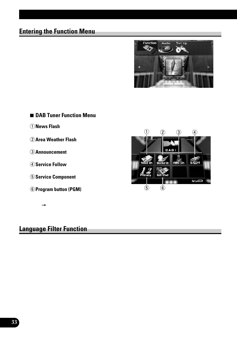 Using the dab functions, With avm-p9000r, Using the dab functions with avm-p9000r | Entering the function menu, Language filter function | Pioneer GEX-P700DAB User Manual | Page 34 / 124