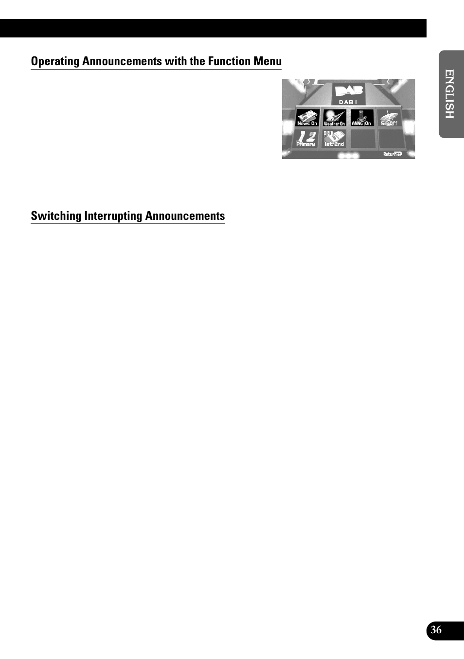 Operating announcements with the function menu, Switching interrupting announcements | Pioneer GEX-P700DAB User Manual | Page 37 / 124