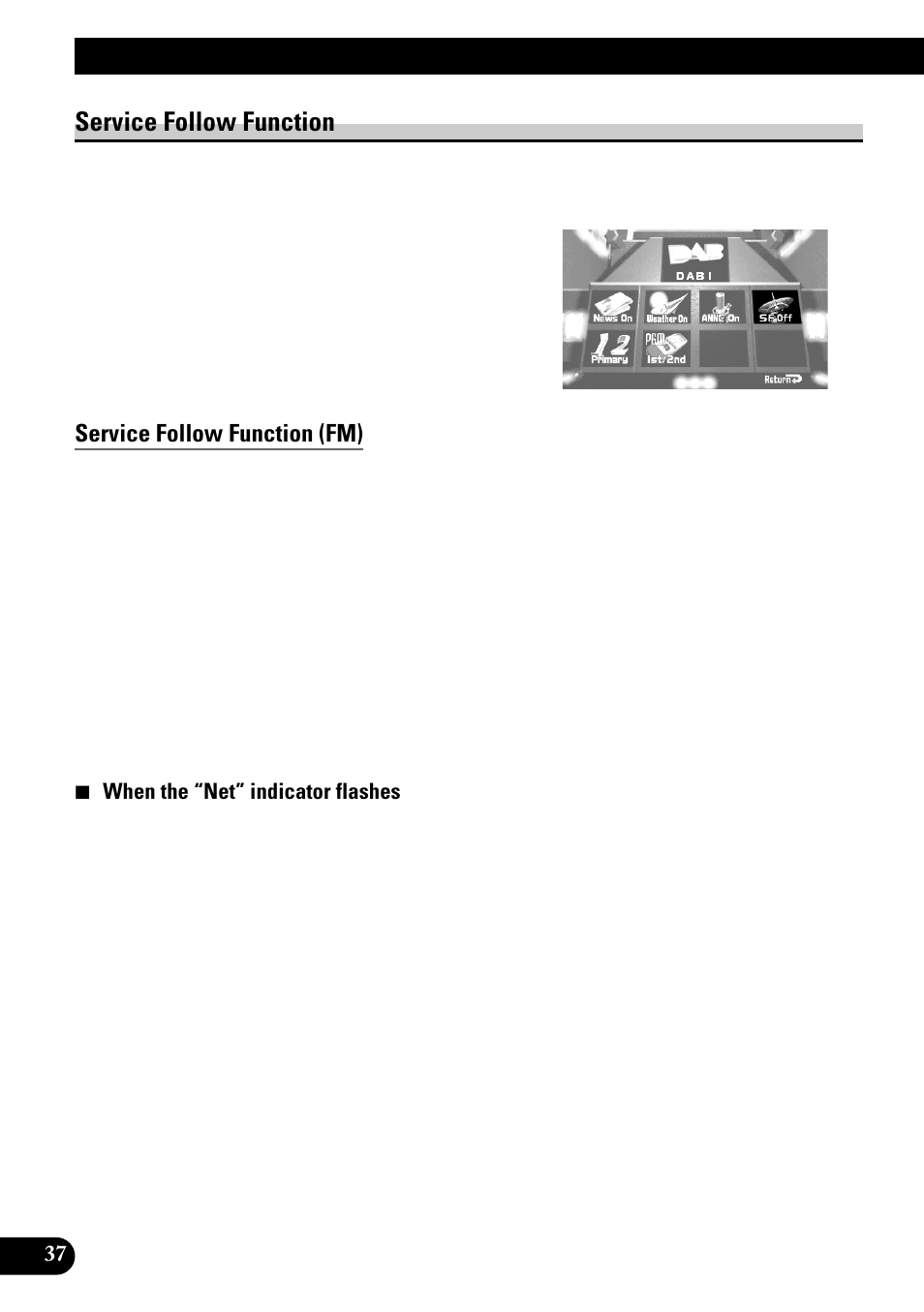 Service follow function, Using the dab functions with avm-p9000r, Service follow function (fm) | Pioneer GEX-P700DAB User Manual | Page 38 / 124