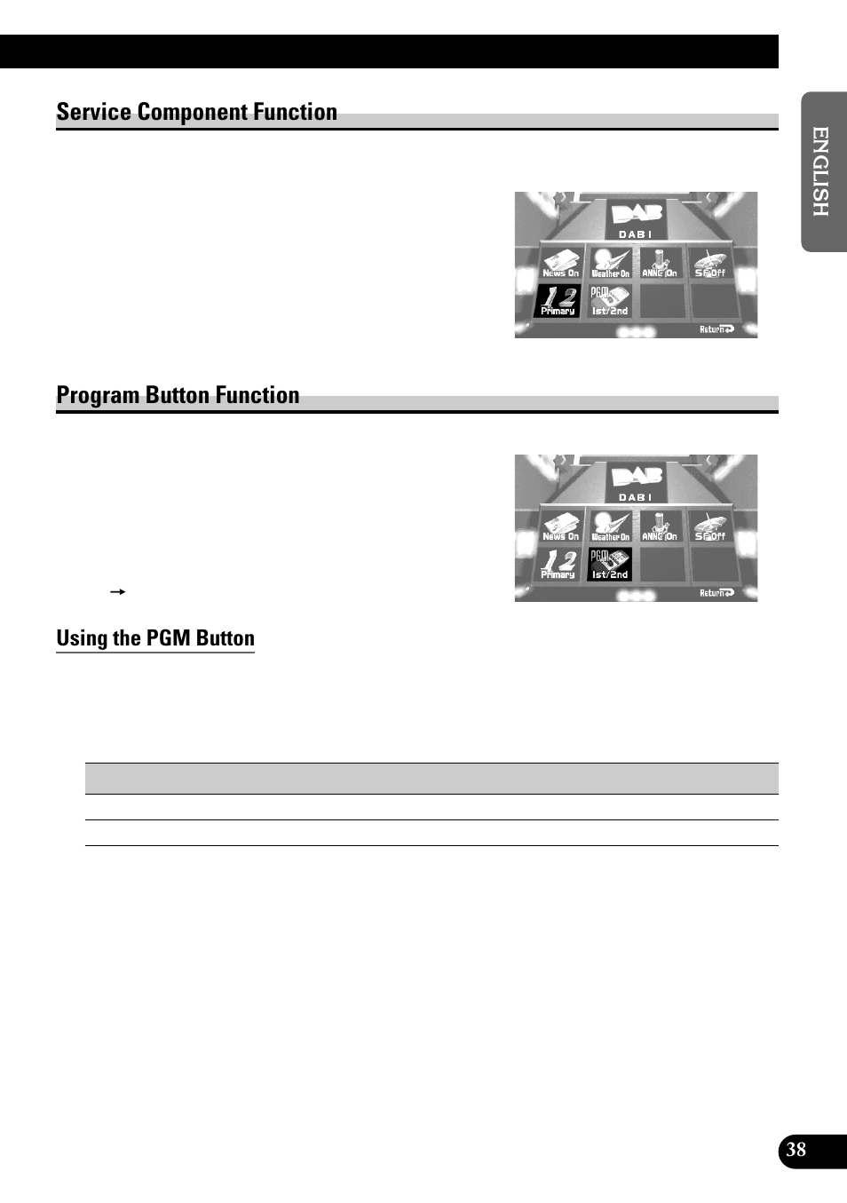 Service component function program button function, Service component function, Program button function | Using the pgm button | Pioneer GEX-P700DAB User Manual | Page 39 / 124