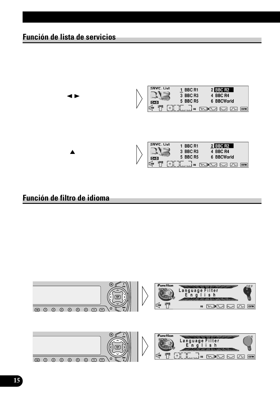 Uso de las funciones dab con deh-p9100r, Función de lista de servicios, Función de filtro de idioma | Pioneer GEX-P700DAB User Manual | Page 56 / 124