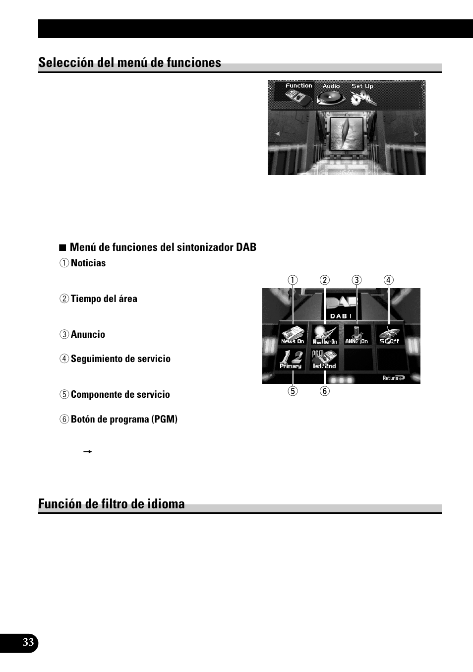 Uso de las funciones dab, Con avm-p9000r, Uso de las funciones dab con avm-p9000r | Selección del menú de funciones, Función de filtro de idioma | Pioneer GEX-P700DAB User Manual | Page 74 / 124