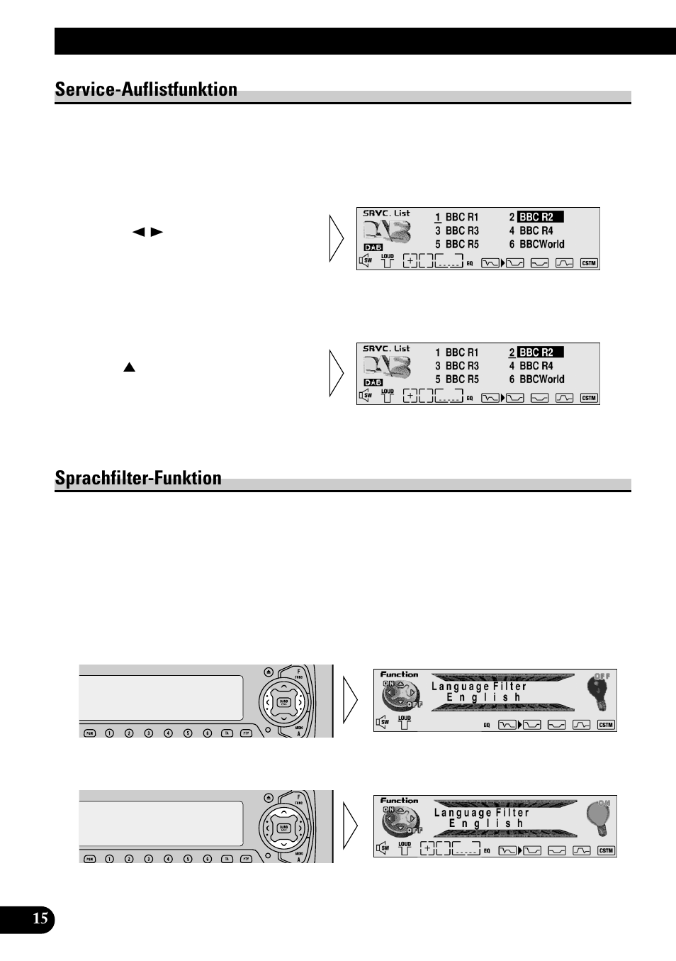 Service-auflistfunktion sprachfilter-funktion, Gebrauch der dab-funktionen mit deh-p9100r, Service-auflistfunktion | Sprachfilter-funktion | Pioneer GEX-P700DAB User Manual | Page 96 / 124