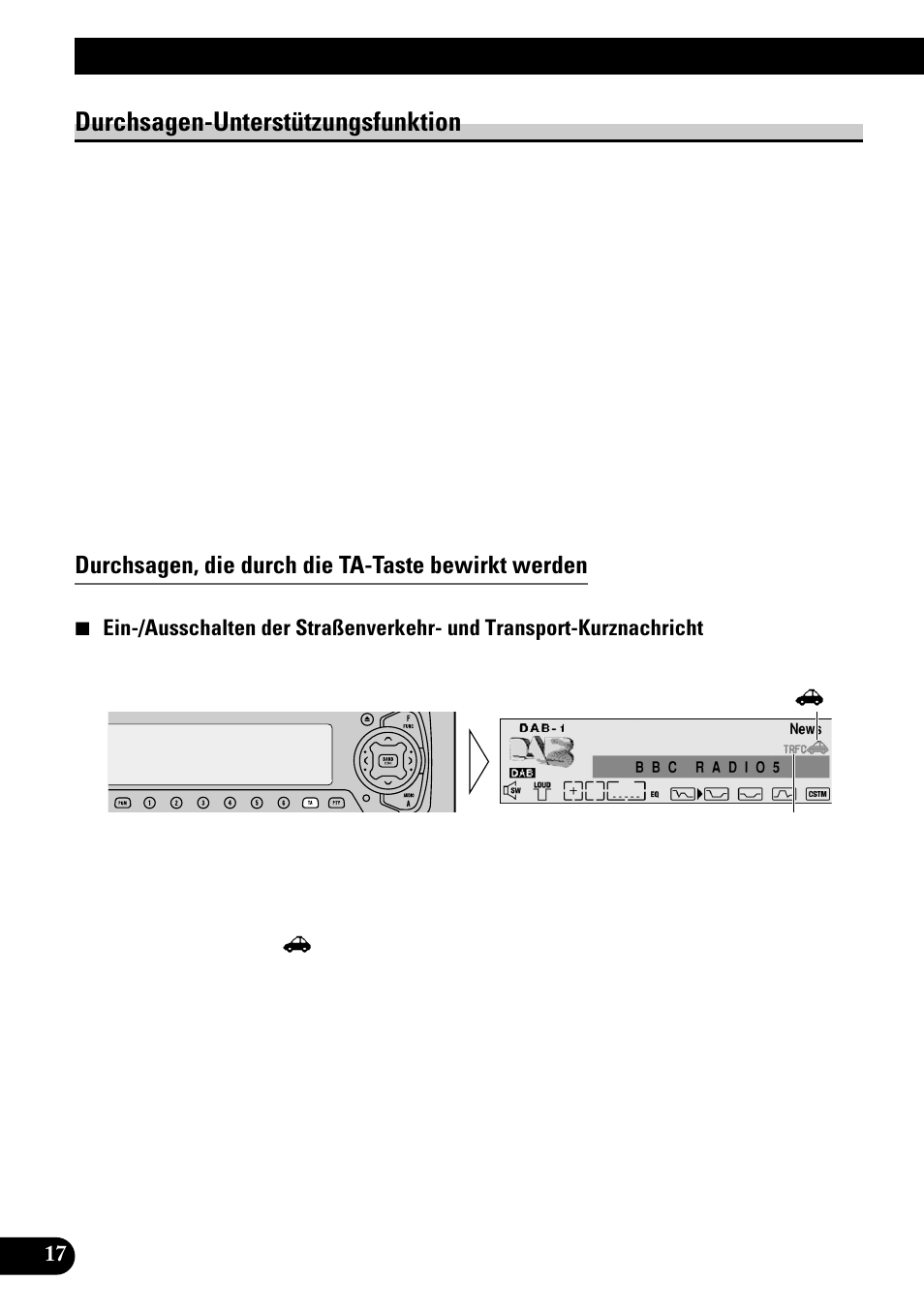 Durchsagen-unterstützungsfunktion, Gebrauch der dab-funktionen mit deh-p9100r, Durchsagen, die durch die ta-taste bewirkt werden | Pioneer GEX-P700DAB User Manual | Page 98 / 124