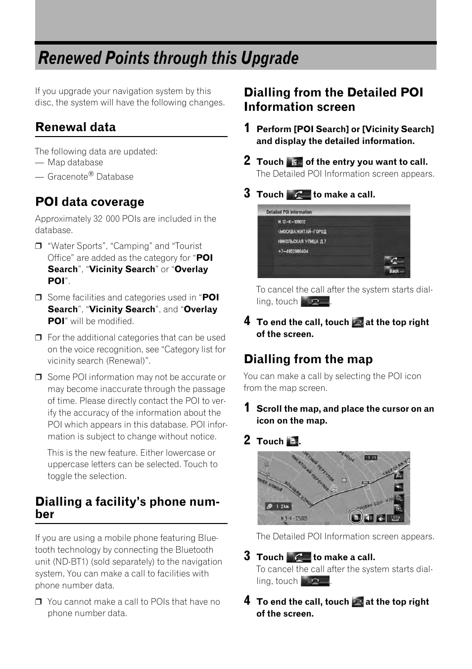 Renewed points through this upgrade, Renewal data, Poi data coverage | Dialling a facility’s phone num- ber, Dialling from the detailed poi information screen, Dialling from the map | Pioneer CNDV-800HD User Manual | Page 10 / 11