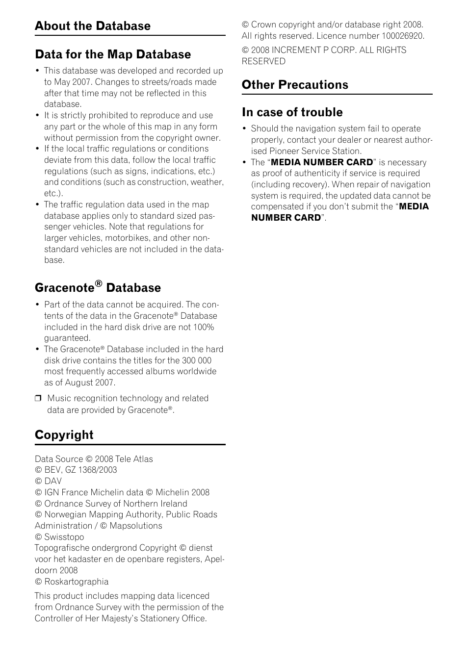 About the database data for the map database, Database, Copyright | Other precautions in case of trouble | Pioneer CNDV-800HD User Manual | Page 5 / 11