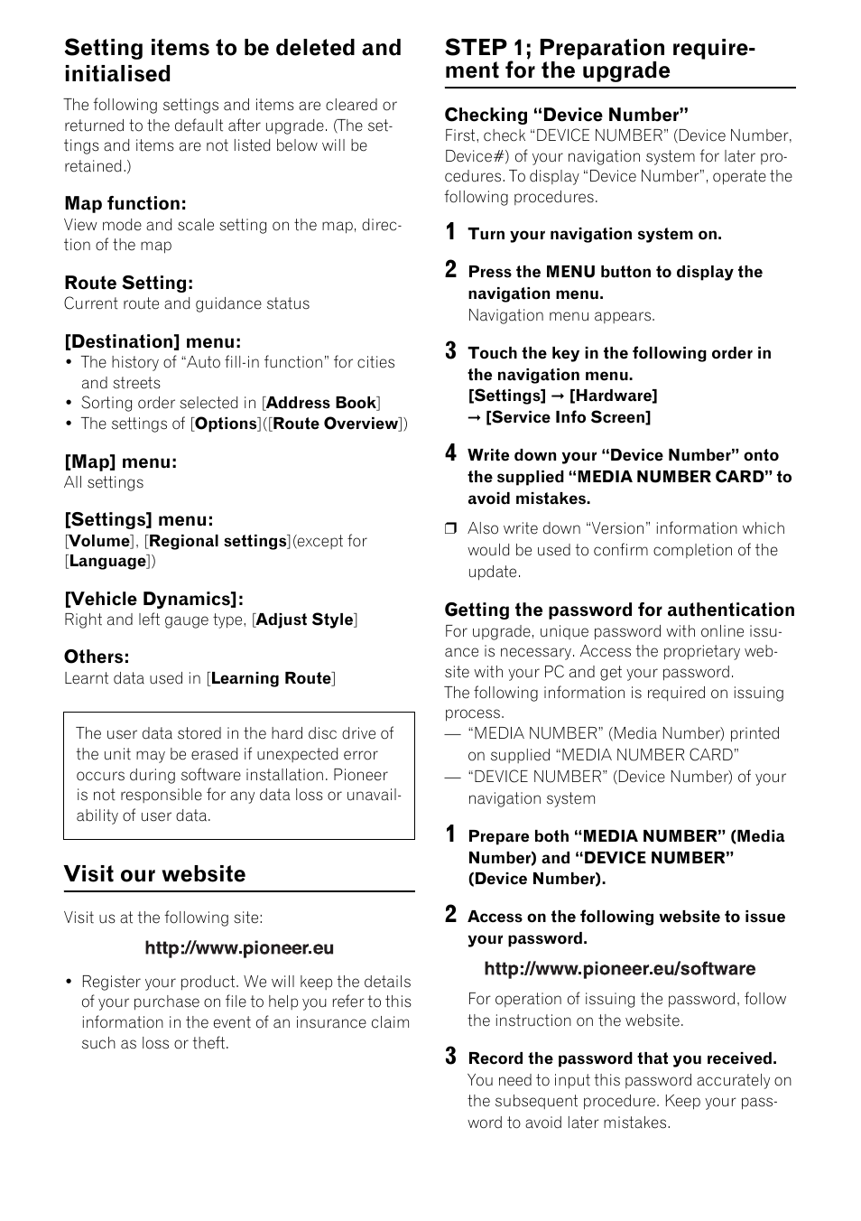 Setting items to be deleted and initialised, Visit our website, Step 1; preparation require- ment for the upgrade | Pioneer CNDV-800HD User Manual | Page 6 / 11