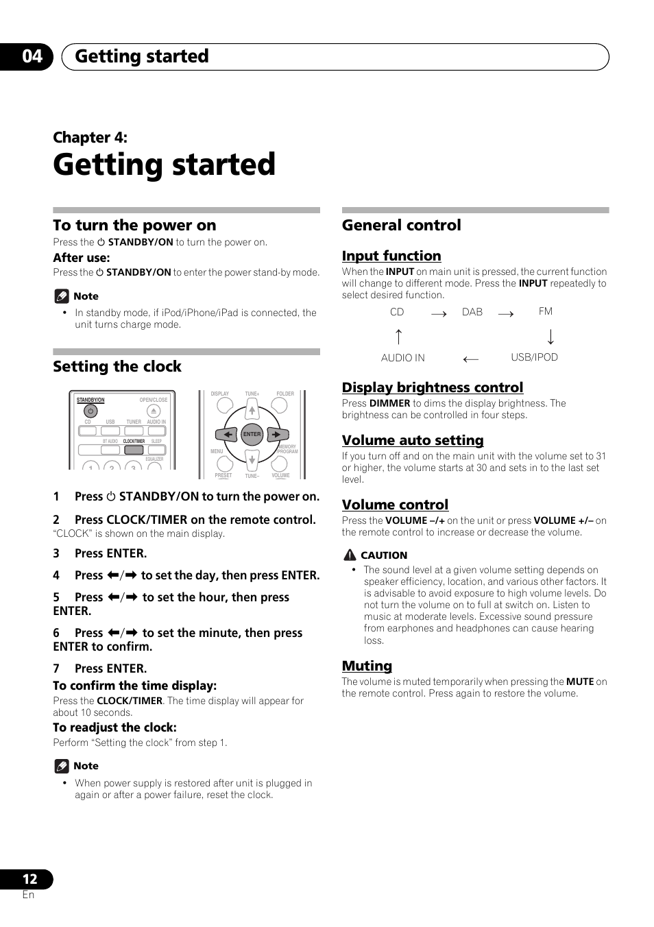 04 getting started, To turn the power on, Setting the clock | General control, Input function, Display brightness control, Volume auto setting, Volume control, Muting, Getting started | Pioneer X-SMC01DAB-K User Manual | Page 12 / 36