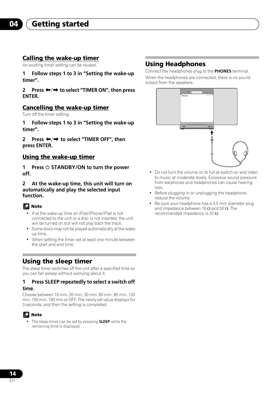 Calling the wake-up timer, Cancelling the wake-up timer, Using the wake-up timer | Using the sleep timer, Using headphones, Getting started 04 | Pioneer X-SMC01DAB-K User Manual | Page 14 / 36