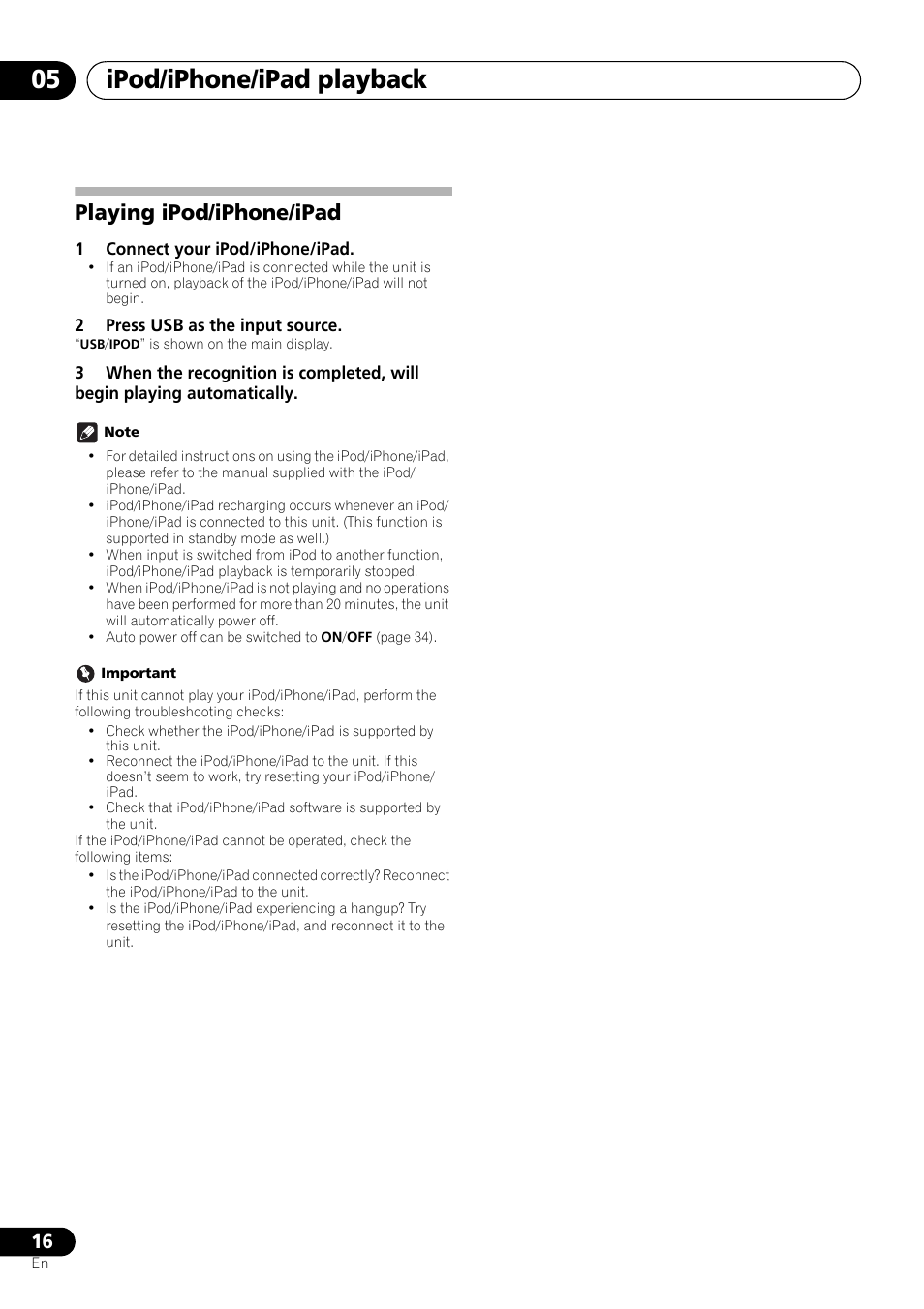 Playing ipod/iphone/ipad, Ipod/iphone/ipad playback 05 | Pioneer X-SMC01DAB-K User Manual | Page 16 / 36