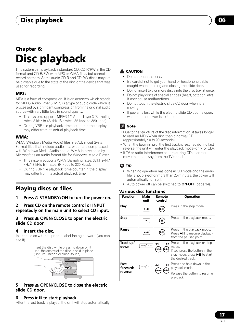 06 disc playback, Playing discs or files, Disc playback | Disc playback 06, Chapter 6, Various disc functions | Pioneer X-SMC01DAB-K User Manual | Page 17 / 36