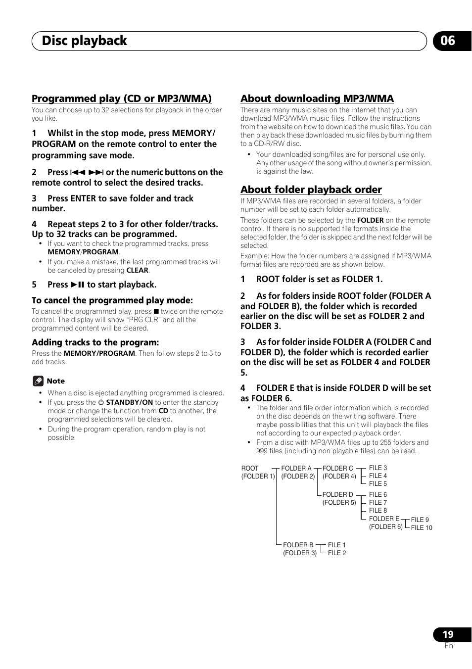 Programmed play (cd or mp3/wma), About downloading mp3/wma, About folder playback order | Disc playback 06 | Pioneer X-SMC01DAB-K User Manual | Page 19 / 36