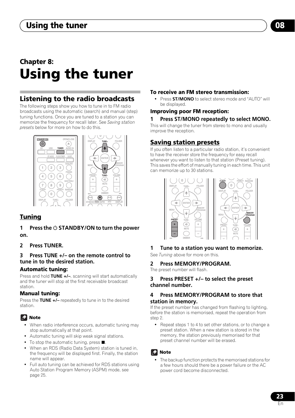 08 using the tuner, Listening to the radio broadcasts, Tuning | Saving station presets, Using the tuner, Using the tuner 08, Chapter 8, Manual tuning | Pioneer X-SMC01DAB-K User Manual | Page 23 / 36
