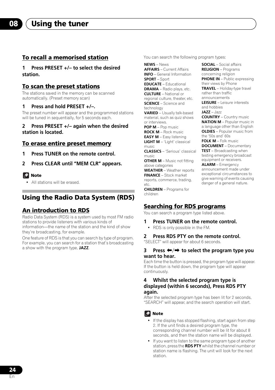 To recall a memorised station, To scan the preset stations, To erase entire preset memory | Using the radio data system (rds), An introduction to rds, Searching for rds programs, Using the tuner 08 | Pioneer X-SMC01DAB-K User Manual | Page 24 / 36