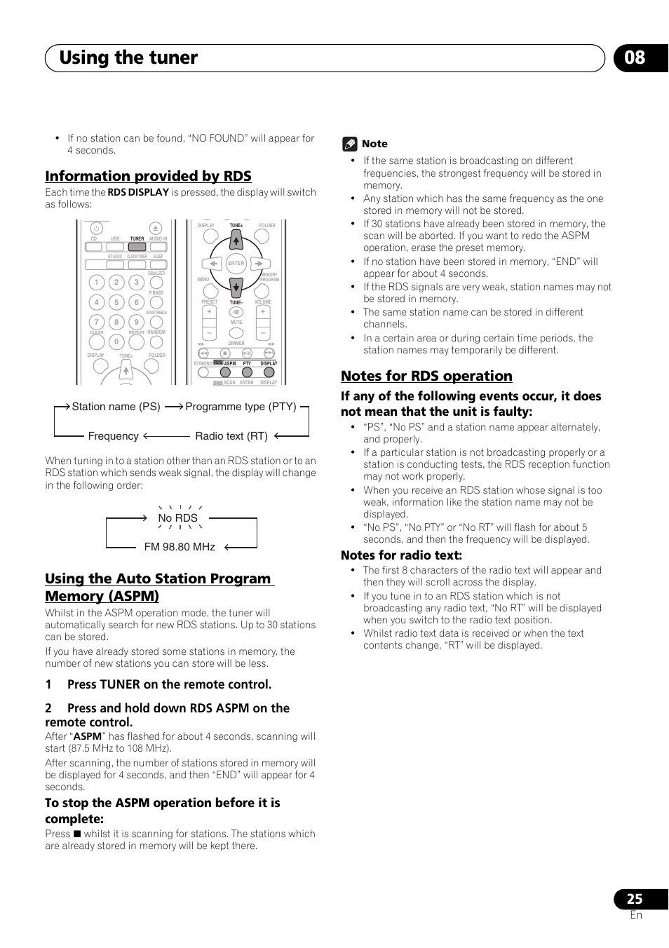 Information provided by rds, Using the auto station program memory (aspm), Notes for rds operation | Using the tuner 08 | Pioneer X-SMC01DAB-K User Manual | Page 25 / 36